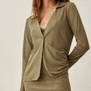 Reformation Landers Pleated Cardigan Top Long  Sleeve Olive Green Sz M